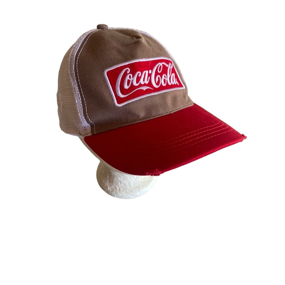 Coca Cola Khaki Red Distressed Meshback Hat Cap‎ Adjustable